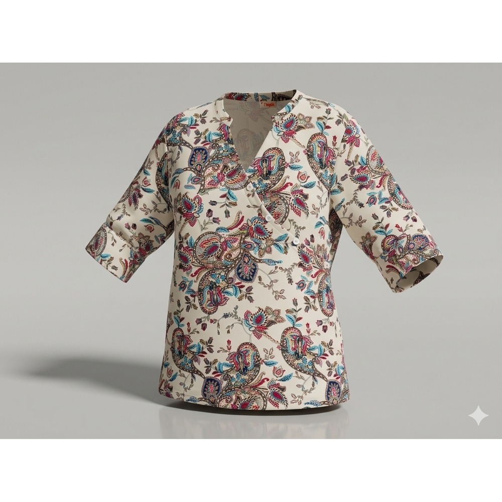 Tianello Womens 1X Boho Paisley Tunic Blouse Cream Blue Tencel Rayon Made in USA